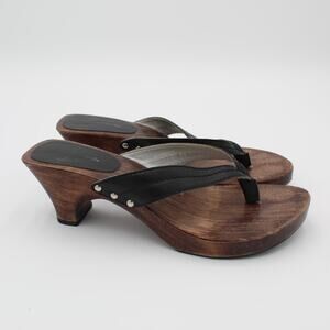 Y2K Wood Clog Sandals Womens 8 Bongo Retro Black Platform Wedge Heel Boho